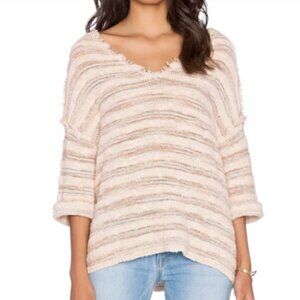 Free People Spells Trouble Frayed Beige Striped V Neck Pullover Top Size L